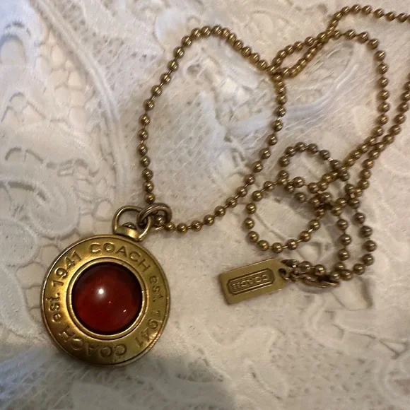 Coach Logo Pendant In Gold Tone with Amber Glass Center on Gold Tone Chain - Picture 11 of 16